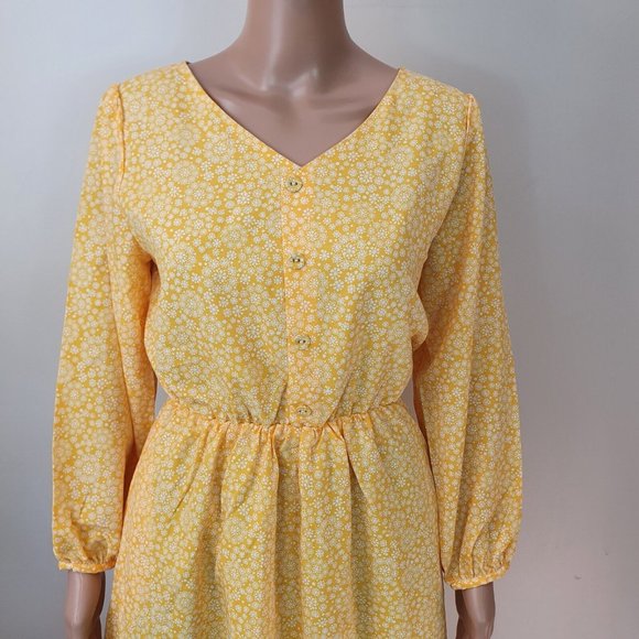 Vintage Floral dress Peasant prairie Sze 8/10 yellow frill hem longsleev pockets - Picture 2 of 6
